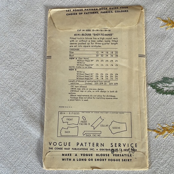 Vogue Pattern 6514, fitted tuck-in blouse w high neck pattern ca 1940s, bust 34 - Picture 4 of 10